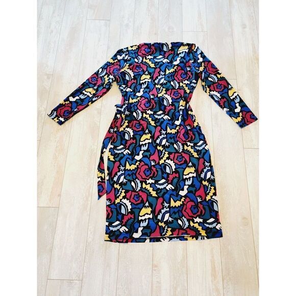 Anne Klein Dress Small Colorful Faux‎ Wrap Jersey Sheath Art Fitted Knee 3/4 - Picture 3 of 6